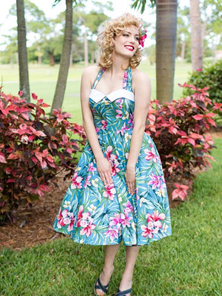 teal and white Hawaii halterneck halterneck fit and flared midi dress
