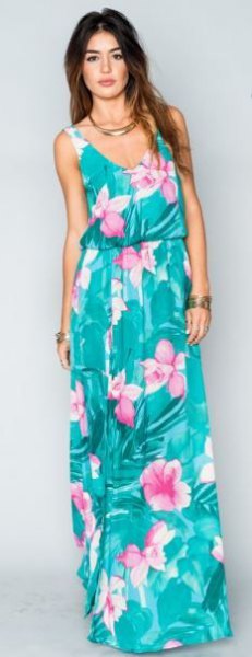 blue-green sleeveless dress with scoop neckline and blue-green maxi Hawaii print