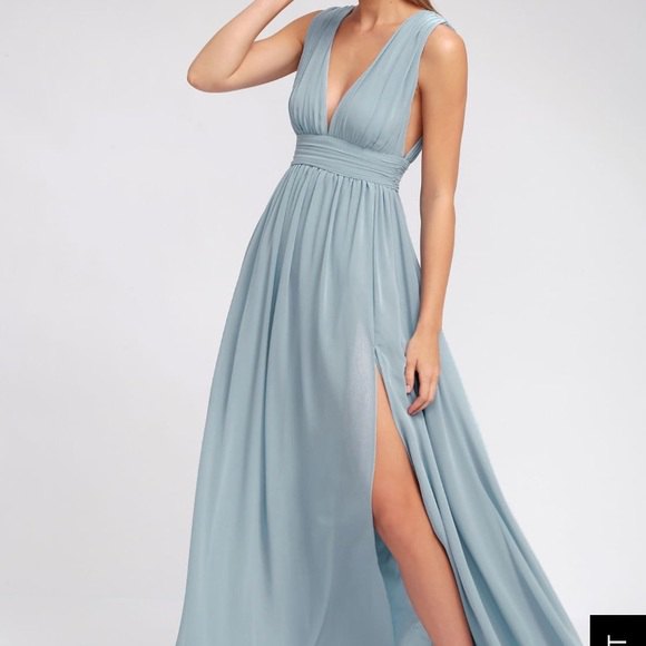 teal blue deep v-neck gathered waist maxi high-slit dress