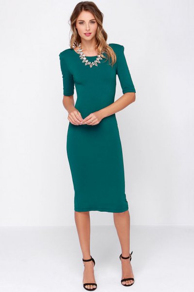 blue-green midi dress with half sleeve sheath