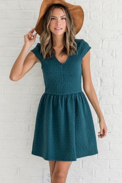 blue-green knitted dress with cap sleeves