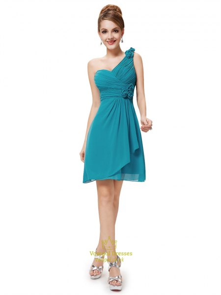 teal bridesmaid wrap dress with one shoulder