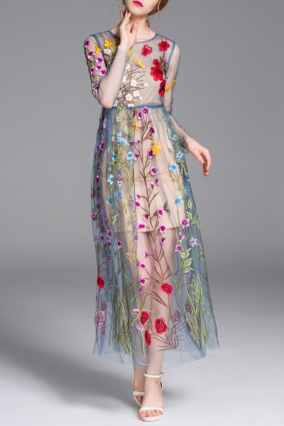blue-green, semi-transparent, embroidered maxi dress with floral pattern