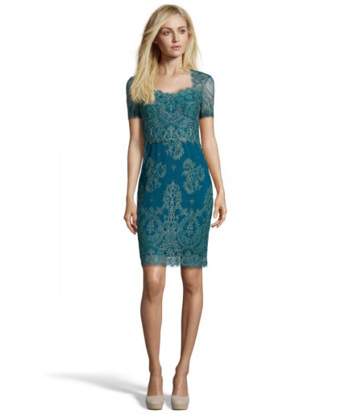 blue-green short-sleeved lace cocktail dress