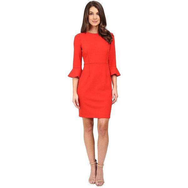 red shift dress with three-quarter bell sleeves