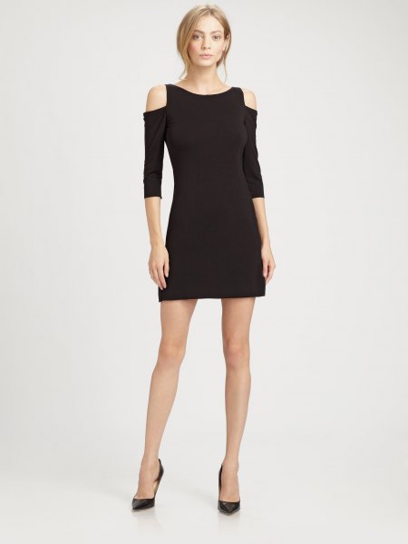 black cold shoulder mini dress with three-quarter sleeves and heels