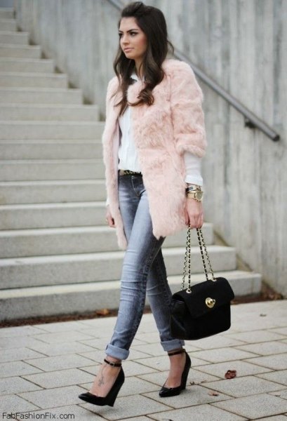 Three quarter sleeves pink faux fur coat white blouse