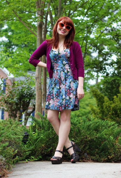 Purple cardigan with three-quarter sleeves and a flower mini dress