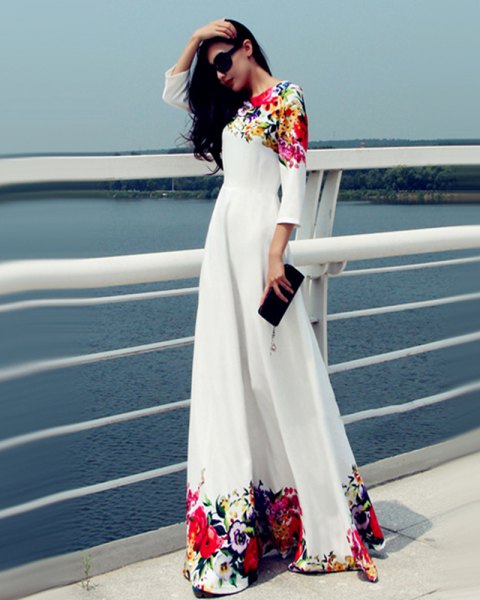 Three-quarter white floral maxi dress