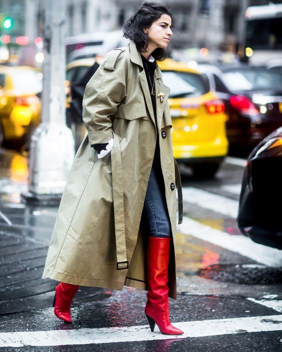 Trench coat long oversized red boots