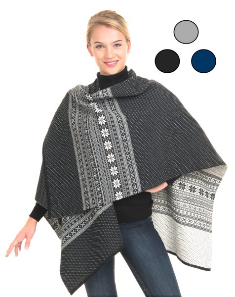 Tribal printed gray and white wool poncho