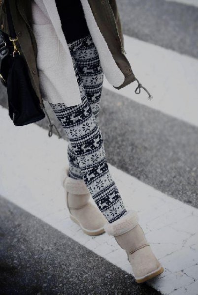 Tribal printed leggings and fleece jacket as well as white snowshoes