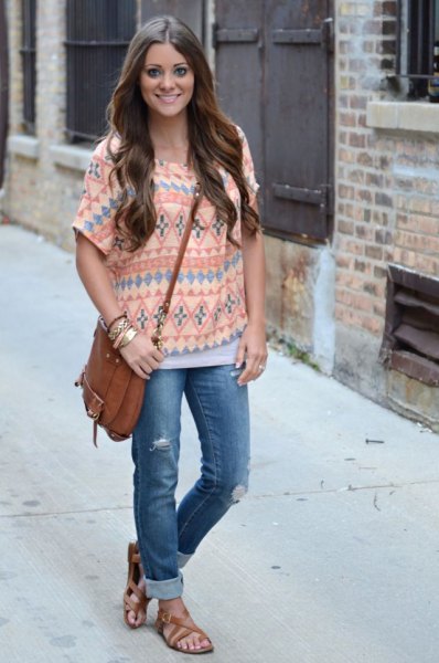 Tribal printed light yellow top with blue cuffed jeans