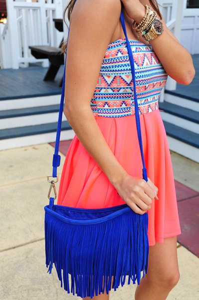 Tribal printed pink mini dress with royal blue fringed pocket