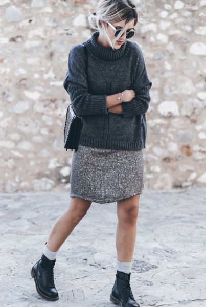Turtleneck sweater with light gray mini knit skirt