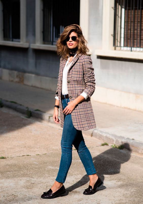 Checked skinny jeans made of tweed blazer