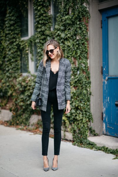 Tweed boyfriend jacket with black camisole and skinny jeans