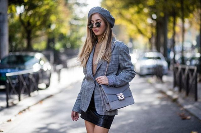 Tweed gray checked oversized blazer with black mini leather skirt