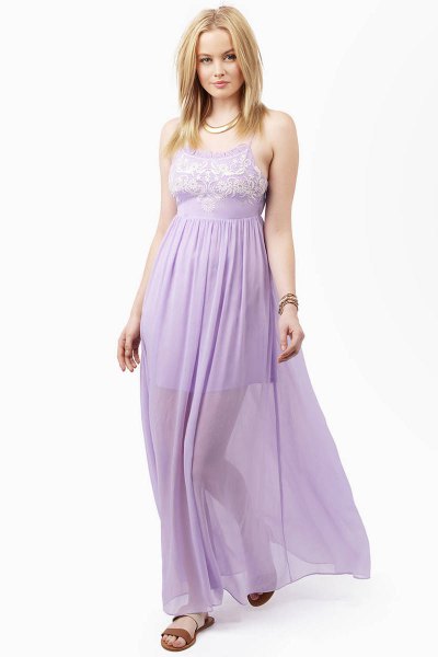 two-layer fit and flare lavender maxi chiffon dress