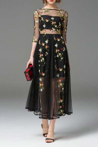 two-piece dress with black chiffon floral embroidery