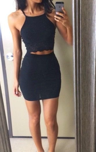 two-piece black mini dress with open toe heels with ankle straps