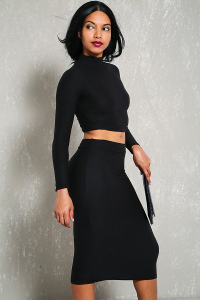 two piece dress black long sleeved mock neck crop top