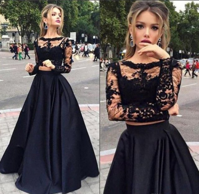 two-piece maxi tulle dress made of lace and satin