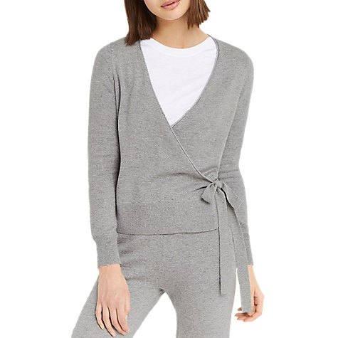two-piece gray wrap jacket with matching jogger pants