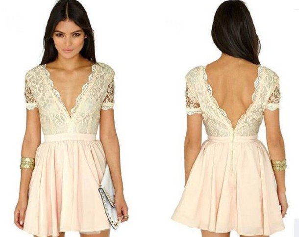 two-tone cream-colored mini pillow dress with deep V-neckline and deep back