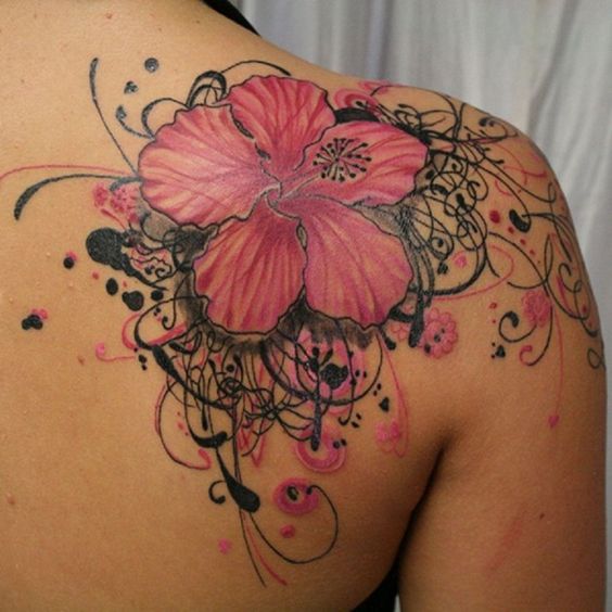 Hawaii flower tattoo on upper back
