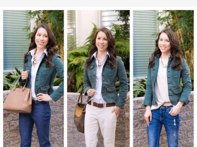 Utility jacket with a light pink blouse and bright blue jeans