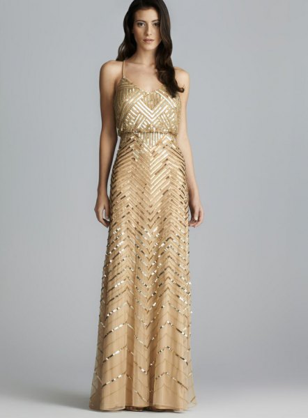 V-neck ruched waist gold maxi dress