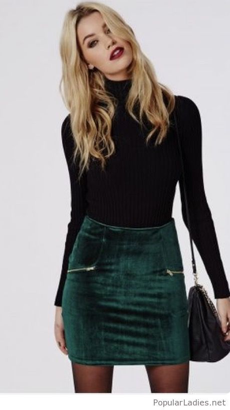 green-velvet-skirt-and-black-blouse | Fashion, Mini skirts, Cloth
