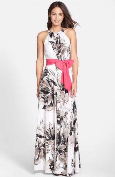 white and black floral waistband maxi dress with floral pattern