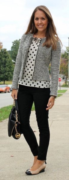 Tweed cardigan with a white and black polka dot blouse