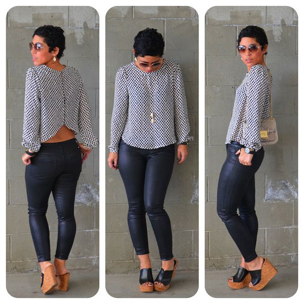 white and black polka dot blouse with dotted skinny jeans