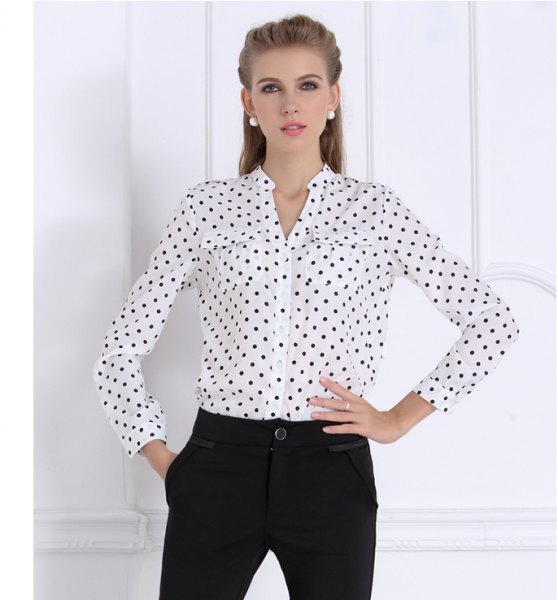 white and black polka dot shirt without a collar with chinos