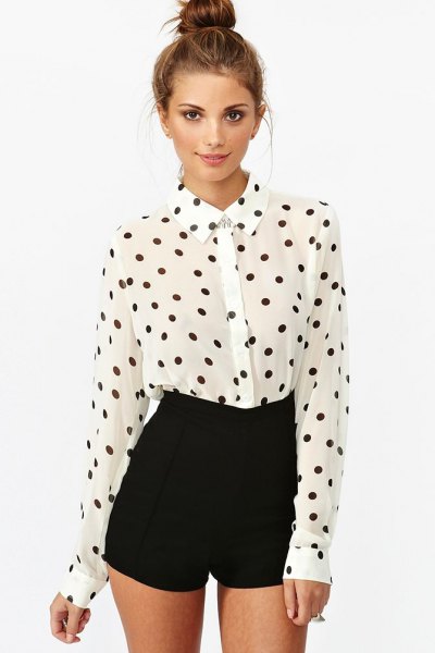 white and black polka dot shirt with tall mini shorts