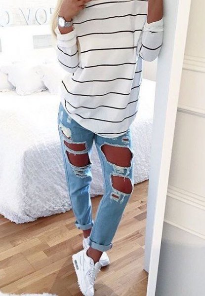 white-black striped long-sleeved T-shirt with super ripped light blue jeans