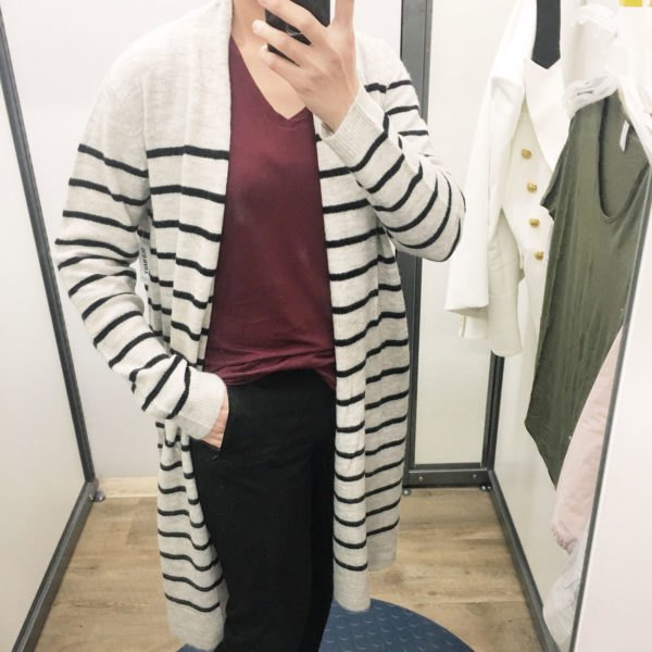 white and black striped longline cardigan with gray V-neck