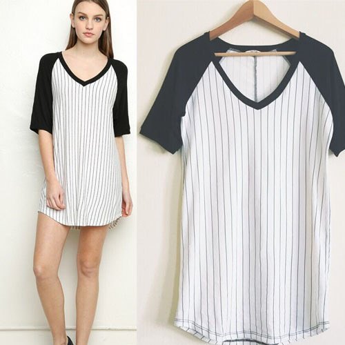 white and black striped baseball style shirt dress with V-neck