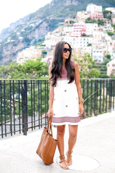 white and black tribal printed shift dress with thong sandals