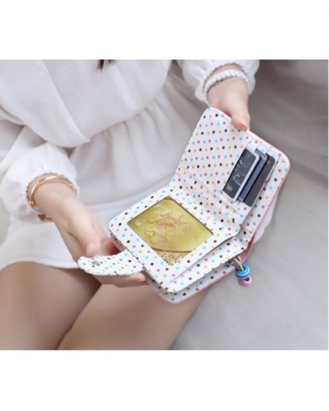 white and blue dotted mini wallet with blouse and mini chiffon skirt
