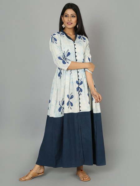 white and blue flared maxi dress with three-quarter sleeves