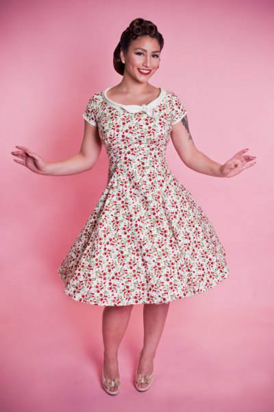 1950s floral style white and blushing pink swing dress