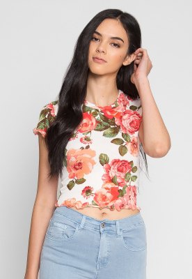 white and blushing pink floral short t-shirt and light blue jeans