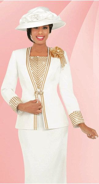 white and gold suit with matching church hat