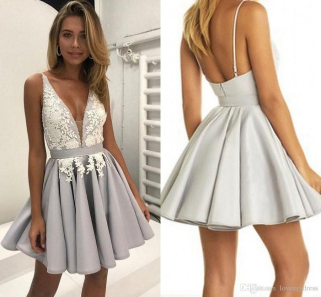 white and gray mini dress with deep V-neckline and flare