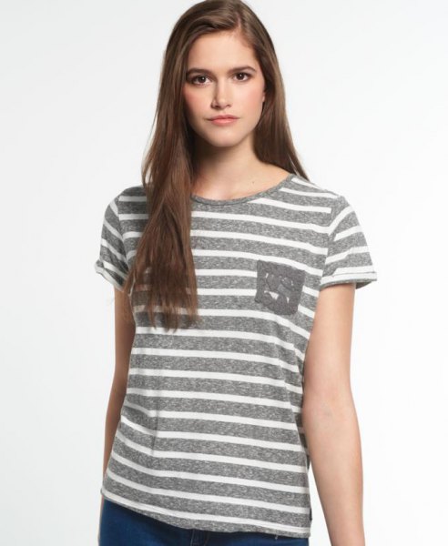 white and gray horizontally striped t-shirt