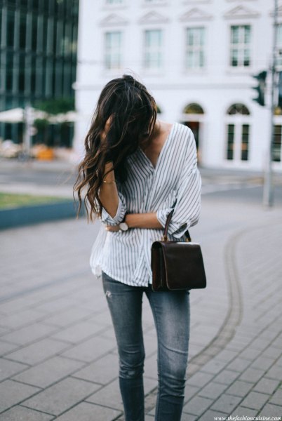 white and gray oversized pinstripe shirt jeans